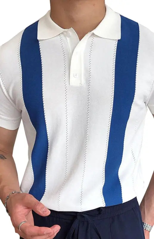 Short-Sleeved White Striped Slim Polo Shirt