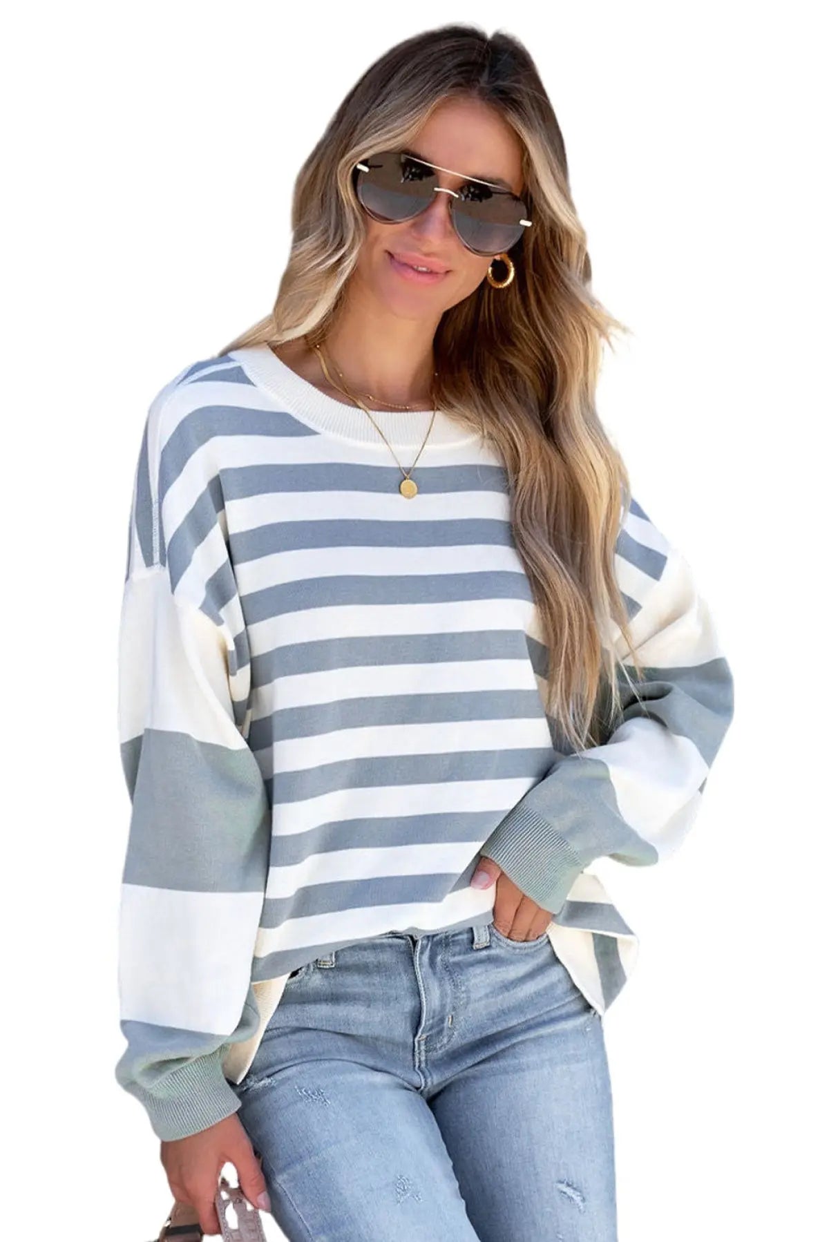 Stripe Drop Shoulder Striped Pullover Sweatshirta