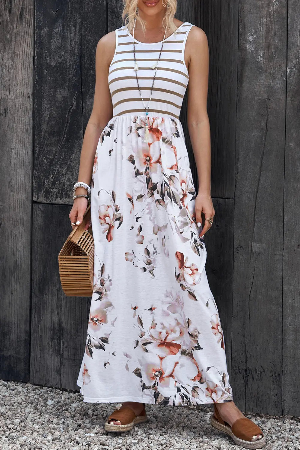 Stripes and Floral Print Floor Length Dress Rite Choice Clothing