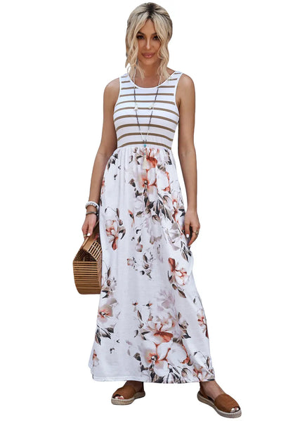 Stripes and Floral Print Floor Length Dress Rite Choice Clothing