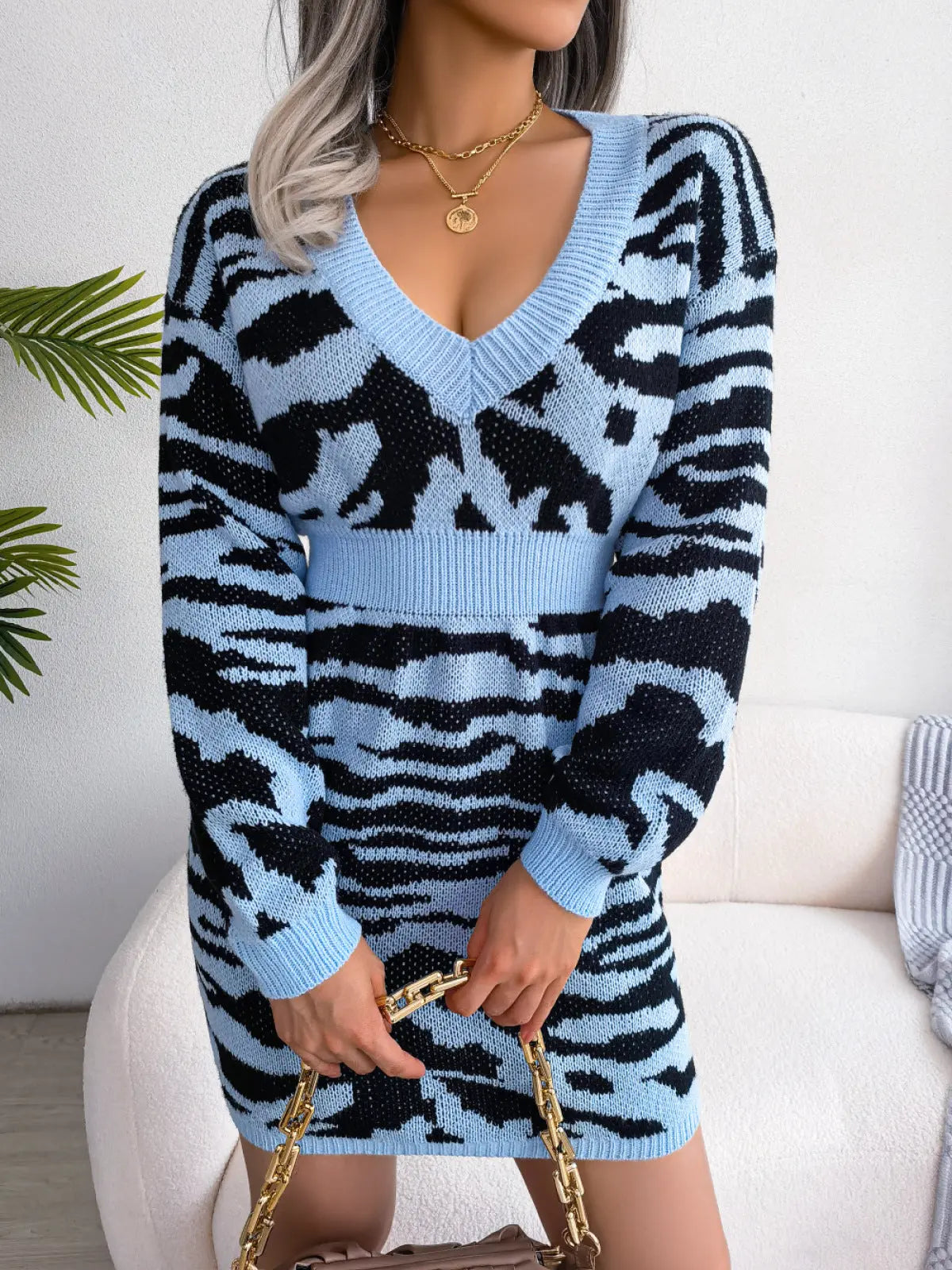 Tiger Pattern Deep V Long Sleeve Sweater Dress