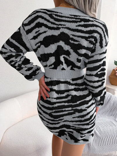 Tiger Pattern Deep V Long Sleeve Sweater Dress