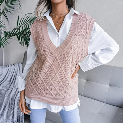 V-Neck Openwork Knitted Vest Sweater