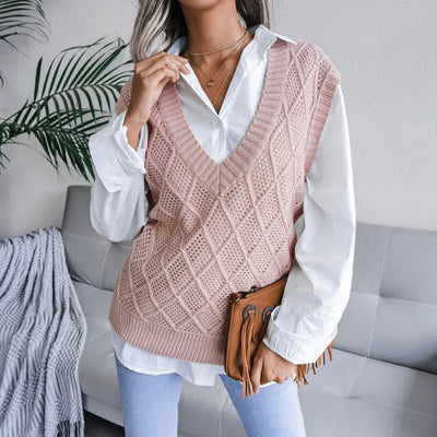 V-Neck Openwork Knitted Vest Sweater