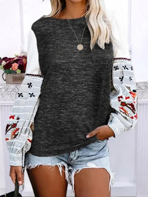 Women's Round Neck Long Sleeve Printed Sweatshirt Top