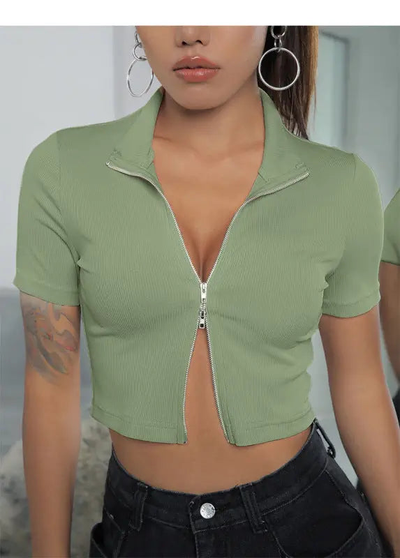 Women's tight -fitting sexy zipper lapel top