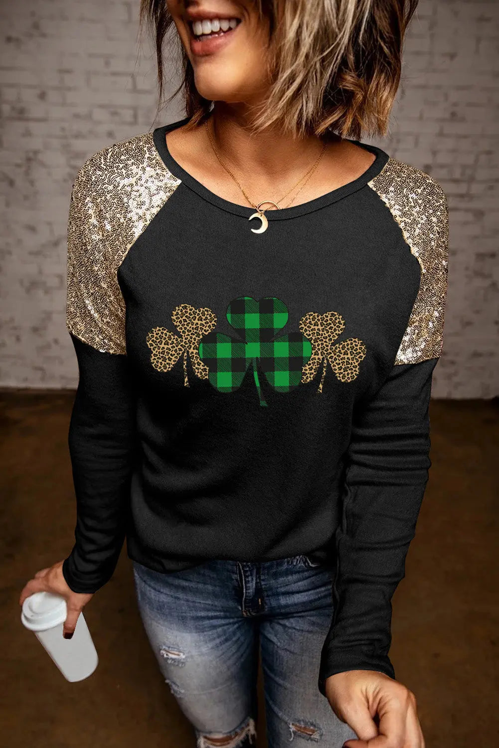 and Gold Sequin Top Clover Print Long Sleeve Shirt
