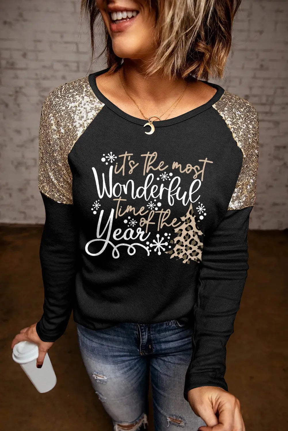and Gold Sequin Top Clover Print Long Sleeve Shirt