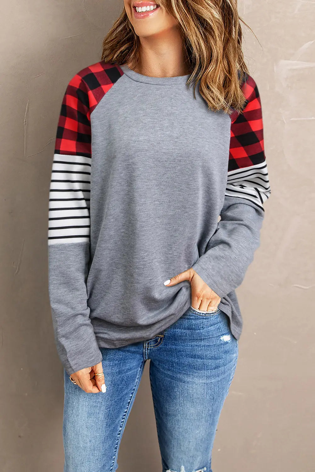 and Red Plaid Pullover Long Sleeve Shirt for Women
