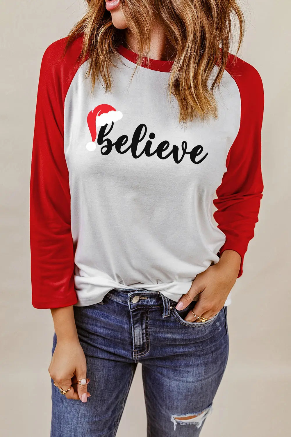 and White Color Block Long Sleeve Christmas T Shirt