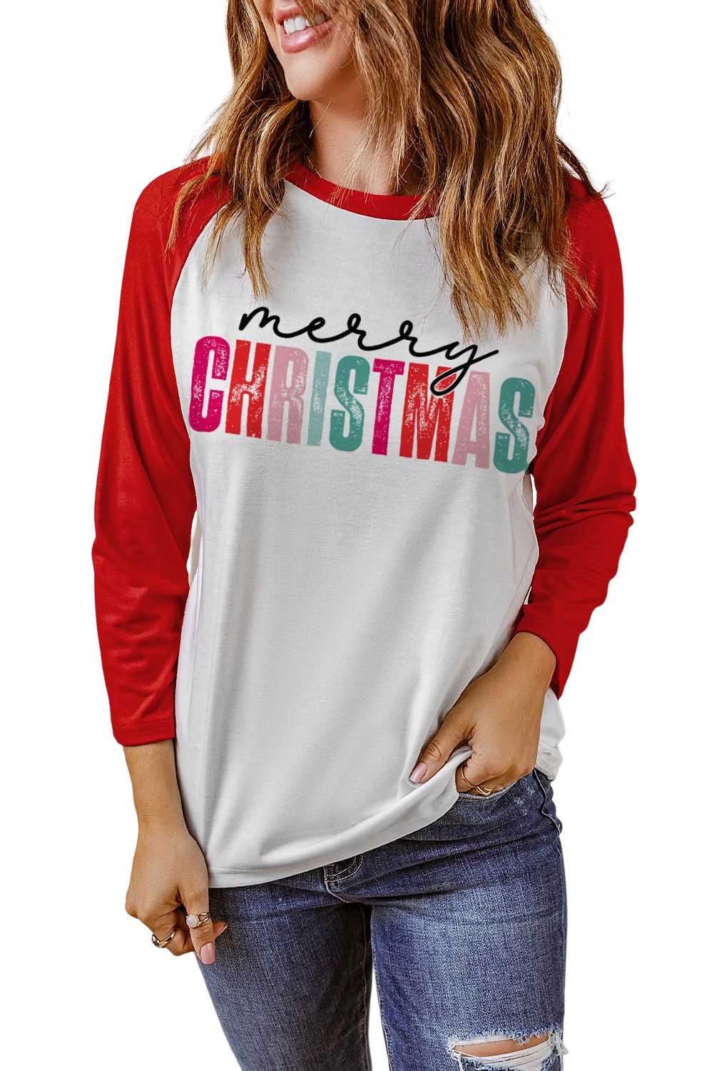 and White Color Block Raglan Sleeve Christmas T Shirt