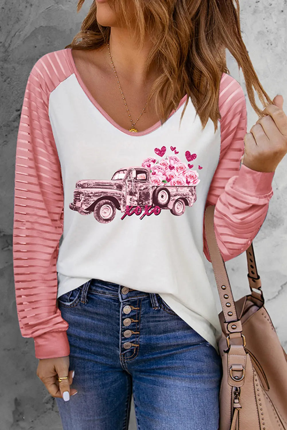 and White Valentine Shirt Rose Truck Long Sleeve Graphic Tee