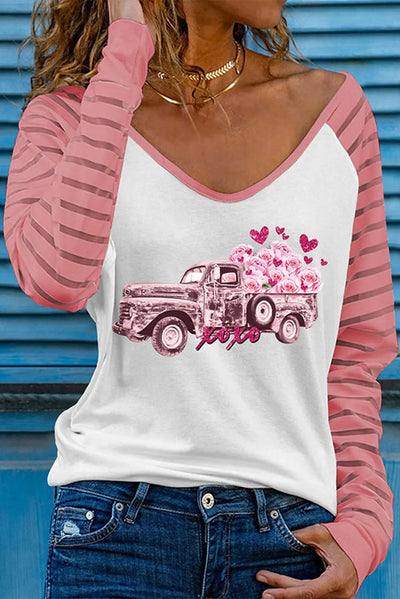 and White Valentine Shirt Rose Truck Long Sleeve Graphic Tee